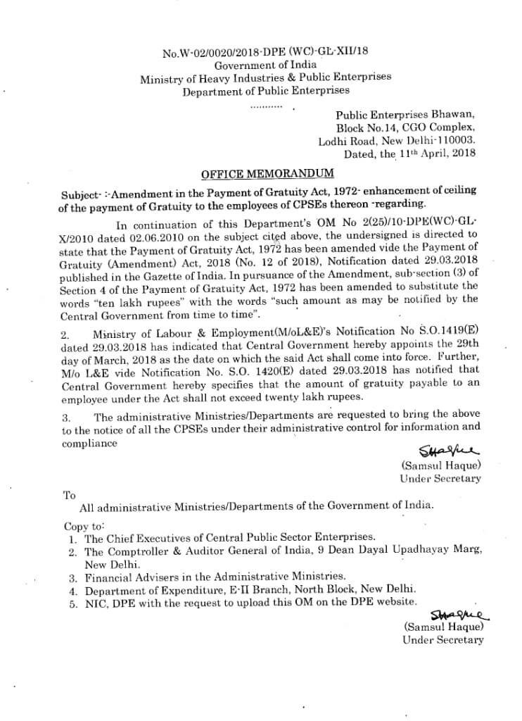 Amendment in the Payment of Gratuity Act, 1972- enhancement of ceiling of the payment of Gratuity to the employees of CPSEs thereon