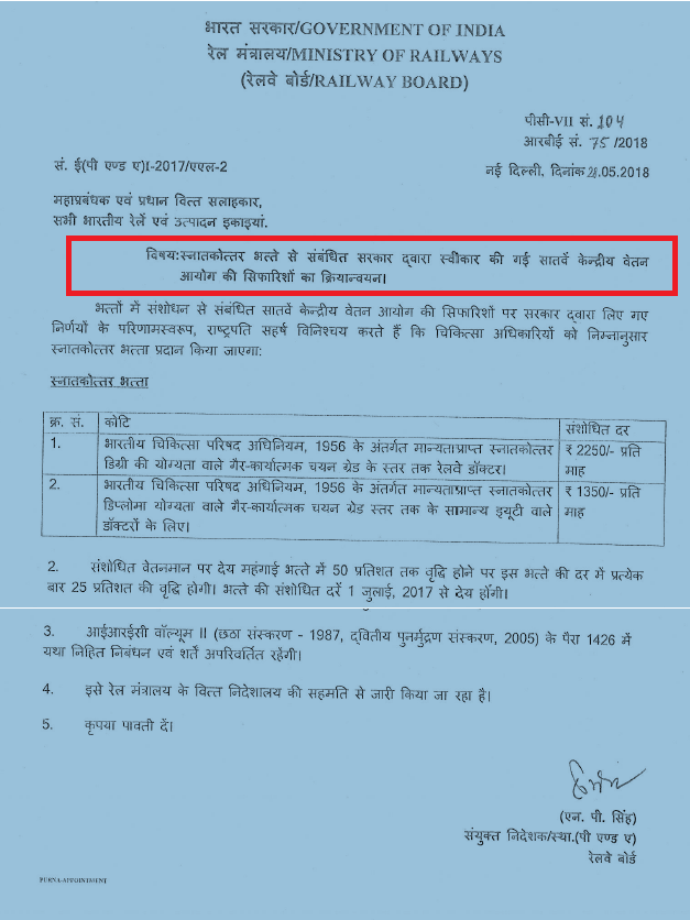 Implementation of 7th CPC Post Graduate Allowance – Railway Board Order Implementation of 7th CPC Post Graduate Allowance – Railway Board Order