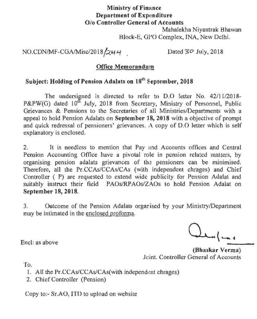 Holding of Pension Adalats on 18th September, 2018