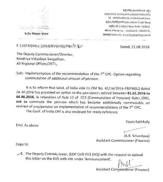 7th CPC Pension Revision for KVS – Option regarding commutation of additional amount of pension