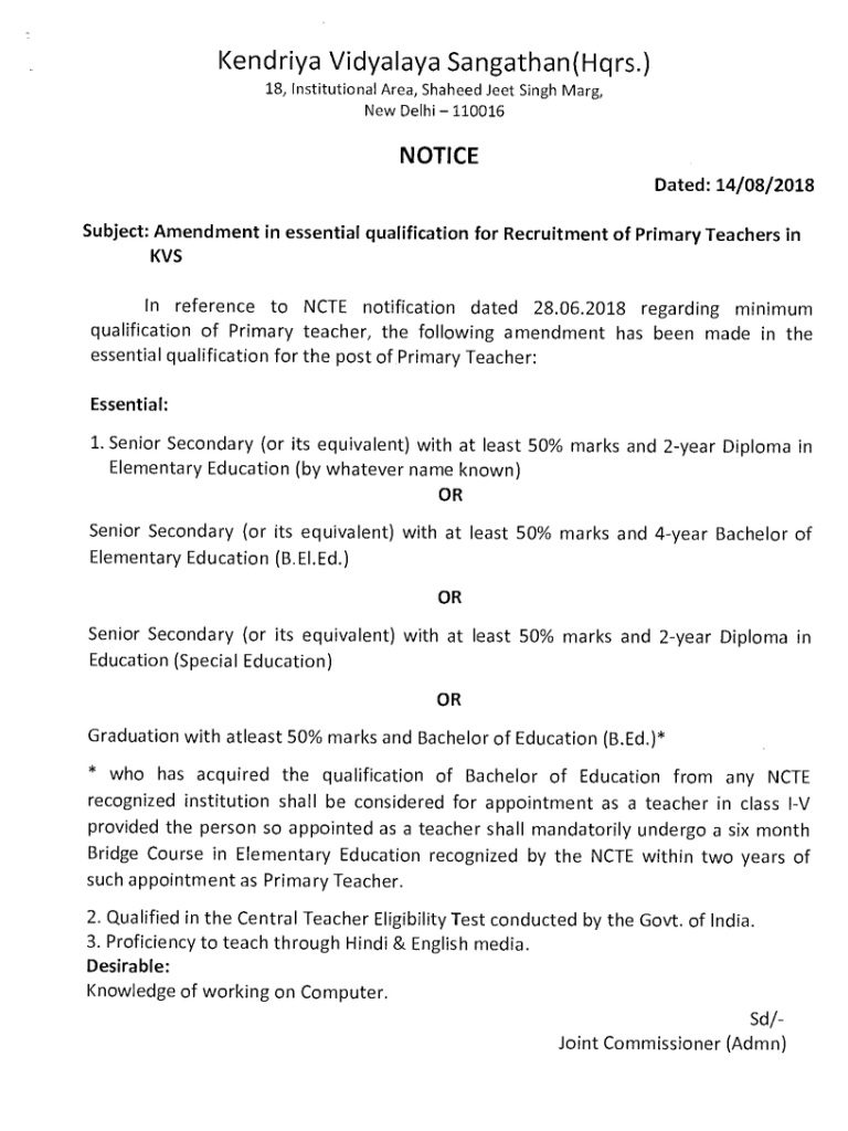 Amendment in essential qualification for Recruitment of Primary Teachers in KVS