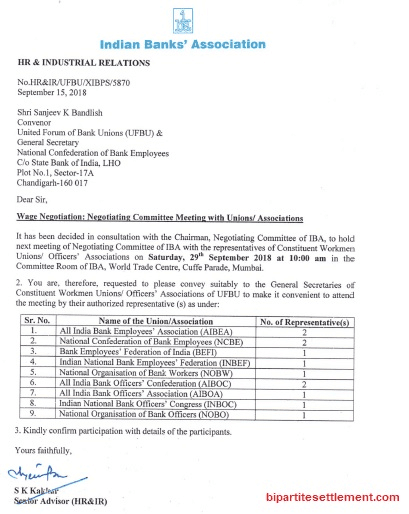 Bipartite Settlement – Bank Wage Negotiation: Negotiating Committee Meeting with Unions/ Associations on 29.09.2018