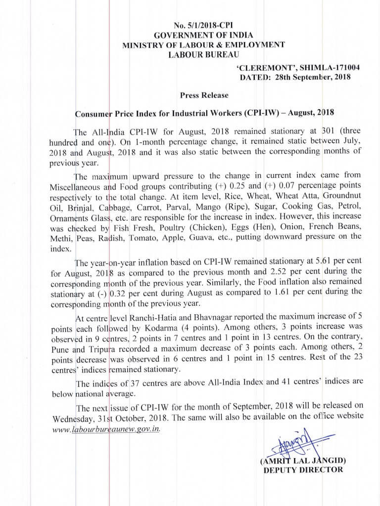 Expected DA: Consumer Price Index for Industrial Worker – August, 2018
