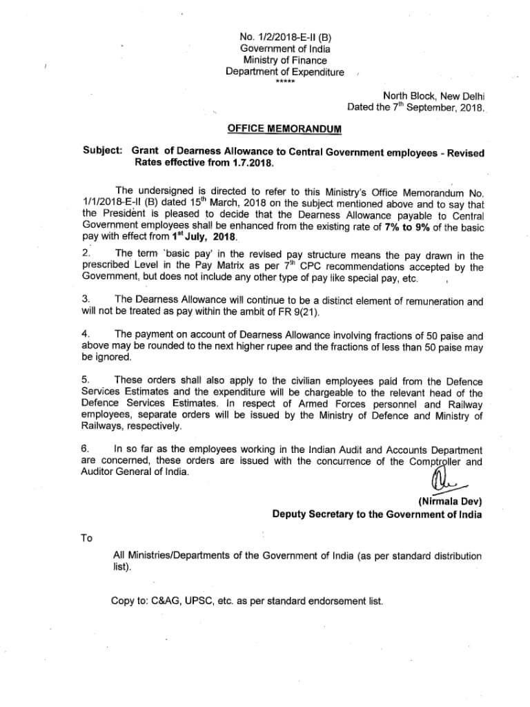 Dearness Allowance from July, 2018 @ 9%: Department of Expenditure Order