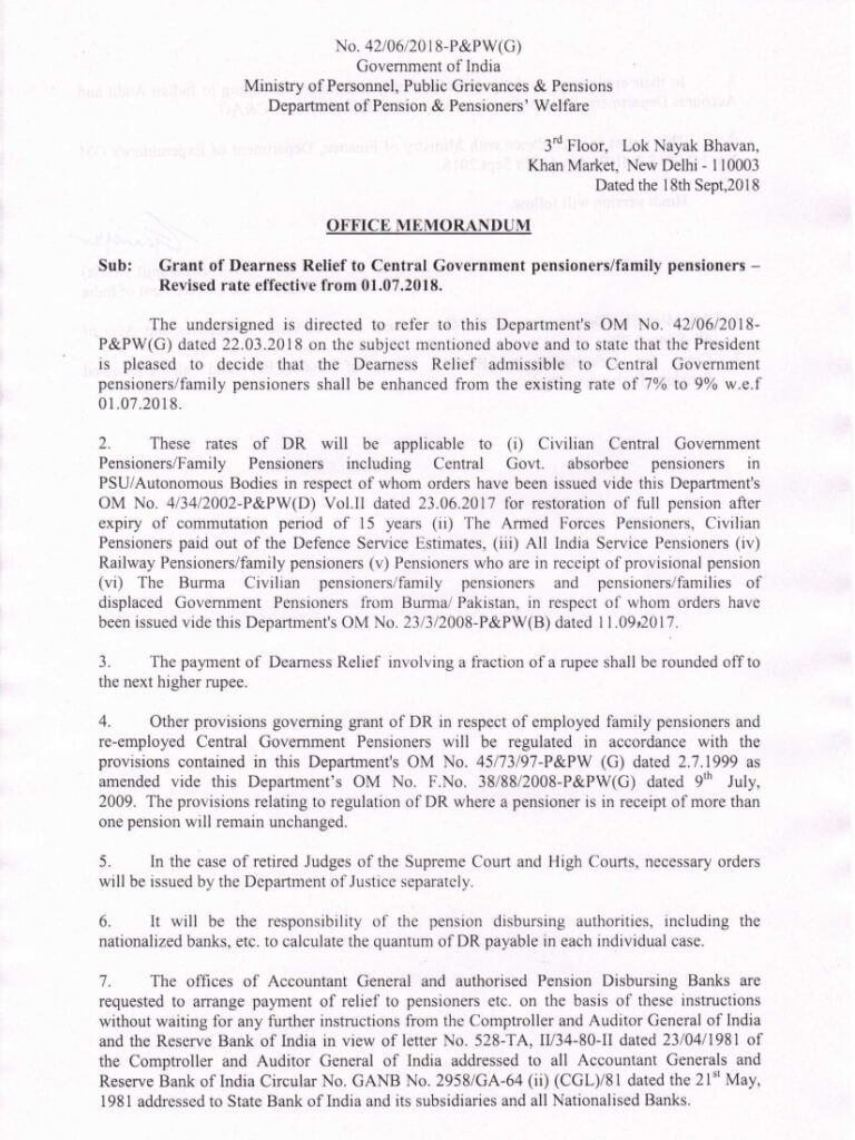 Dearness Relief from July, 2018 @ 9%: DoP&PW Order for Central Government pensioners / family pensioners