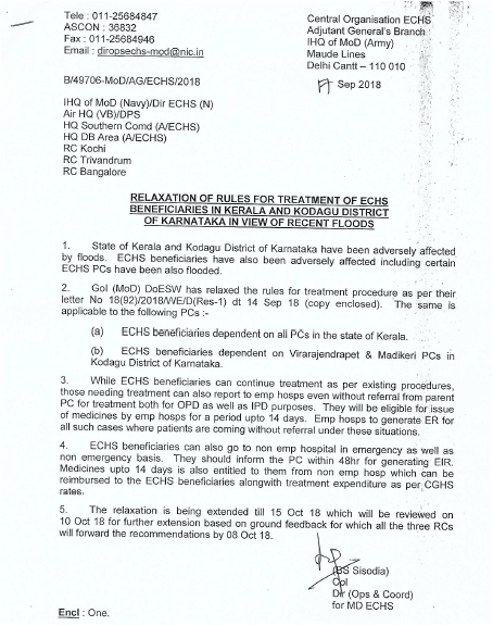 Relaxation of Rules for Treatment of ECHS Beneficiaries in Kerala and Kodagu District of Karnataka in view of recent Floods