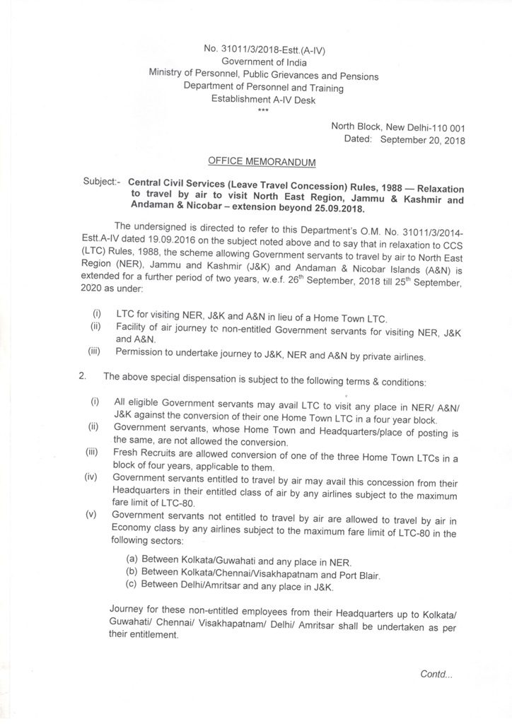 LTC Rules – Extension of relaxation to travel by air to visit NER, J & K and A & N beyond 25.09.2018