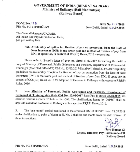 7th CPC Fixation of Pay on Promotion from DNI: Railway Board’s clarification and offer to revise option upto 19.10.2018