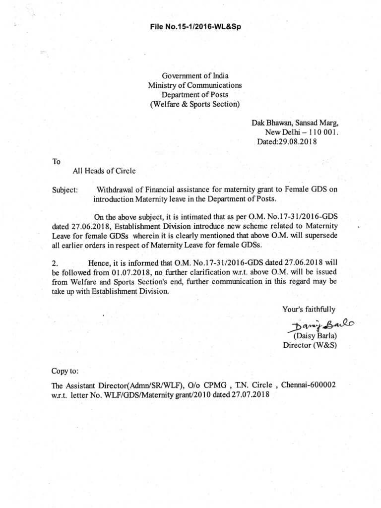 Withdrawal of Financial assistance for maternity Leave grant to Female GDS: Deptt of Posts