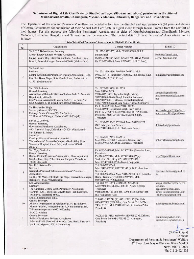 Submission of Digital Life Certificate by Disabled and aged (80 years and above) pensioners in the cities of Mumbai/Ambarnath, Chandigarh , Mysore, Vadodara, Dehradun, Bangaluru and Trivandrum.