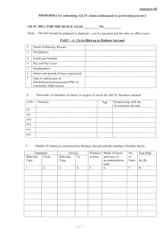 Railway All India LTC: Proforma for submitting claims (Subsequent to performing Journey)