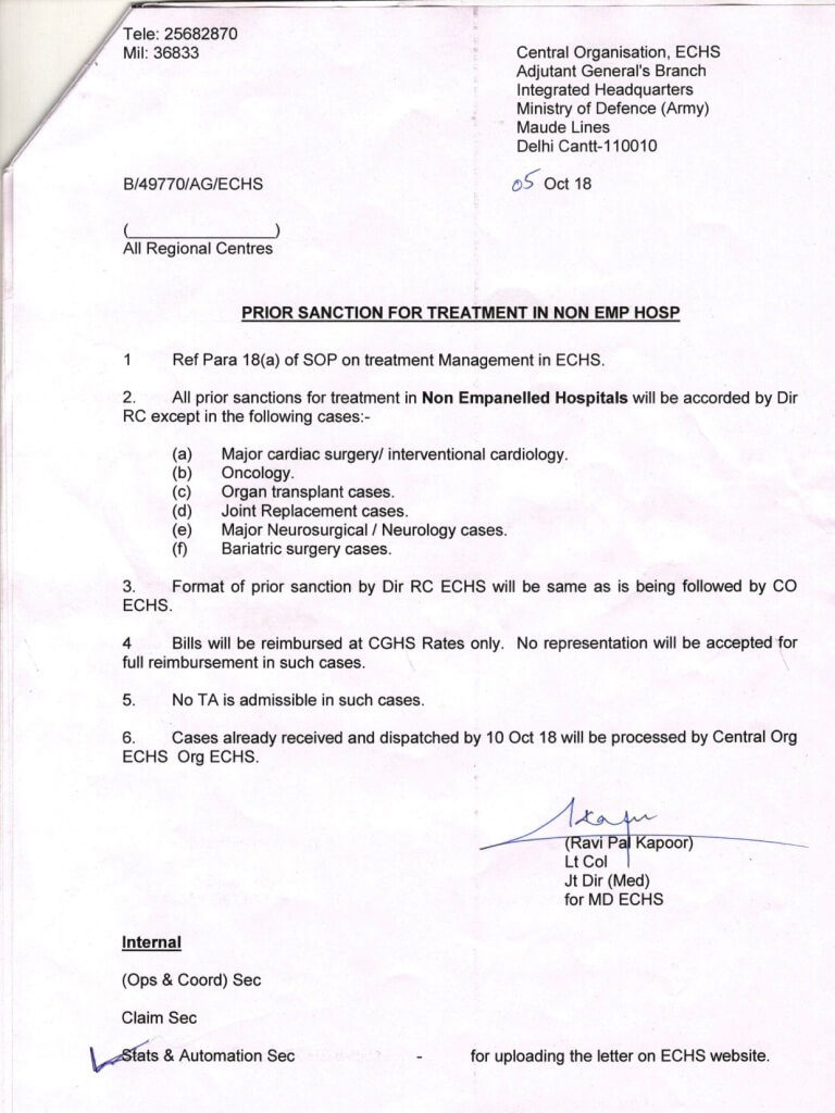 ECHS: Prior sanction for treatment in non emp hosp ECHS: Prior sanction for treatment in non emp hosp