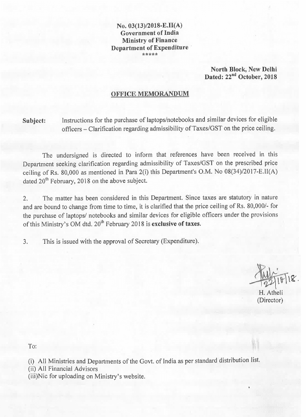 Purchase of laptops/notebooks and similar devices for eligible officers -Clarification regarding admissibility of Taxes/GST on the price ceiling