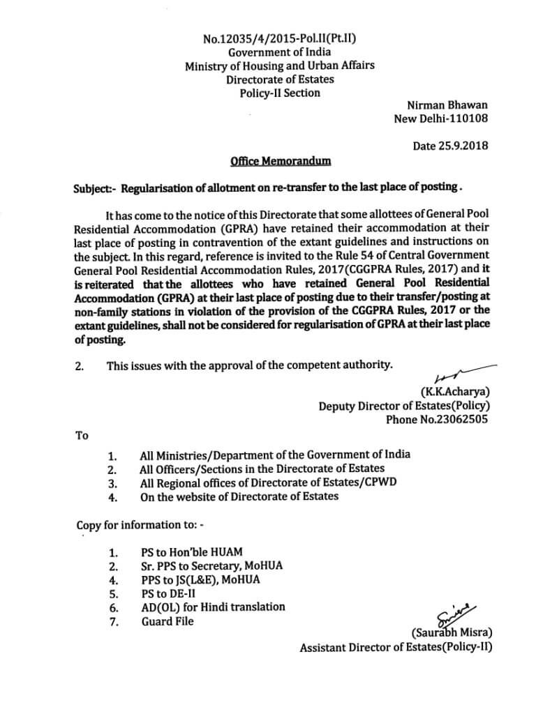 Regularisation of allotment on re-transfer to the last place of posting: Directorate of Estates