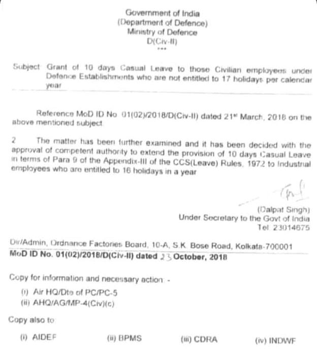 Grant of 10 days Casual Leave to those Civilian Employees under Defence Establishments who are not entitled to 17 Holidays