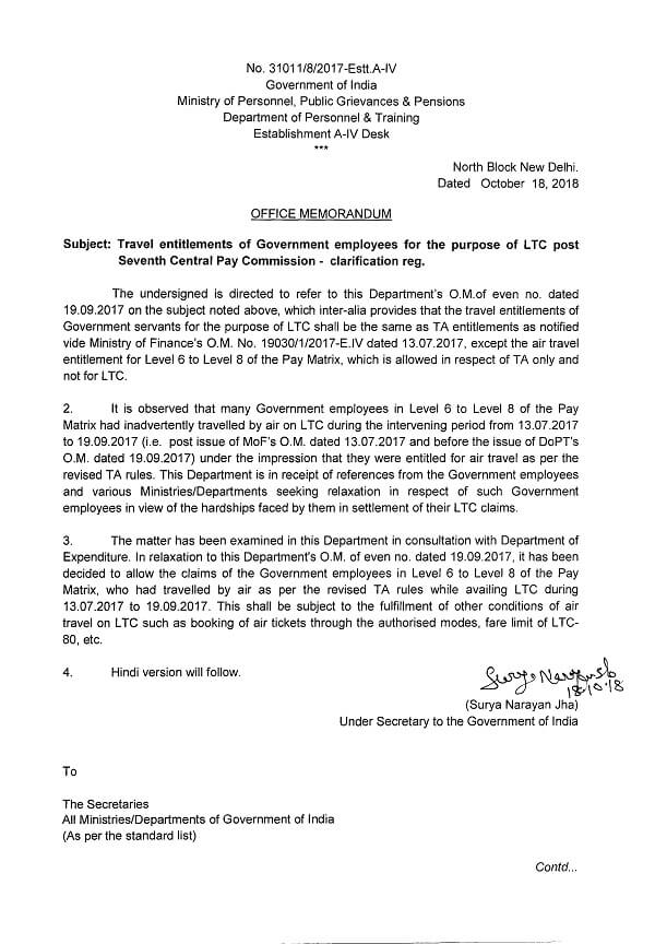 LTC travel entitlement by Air for Level 6 to 8 during 13.07.2017 to 19.09.2017 – Claims allowed for reimbursement: DoPT OM