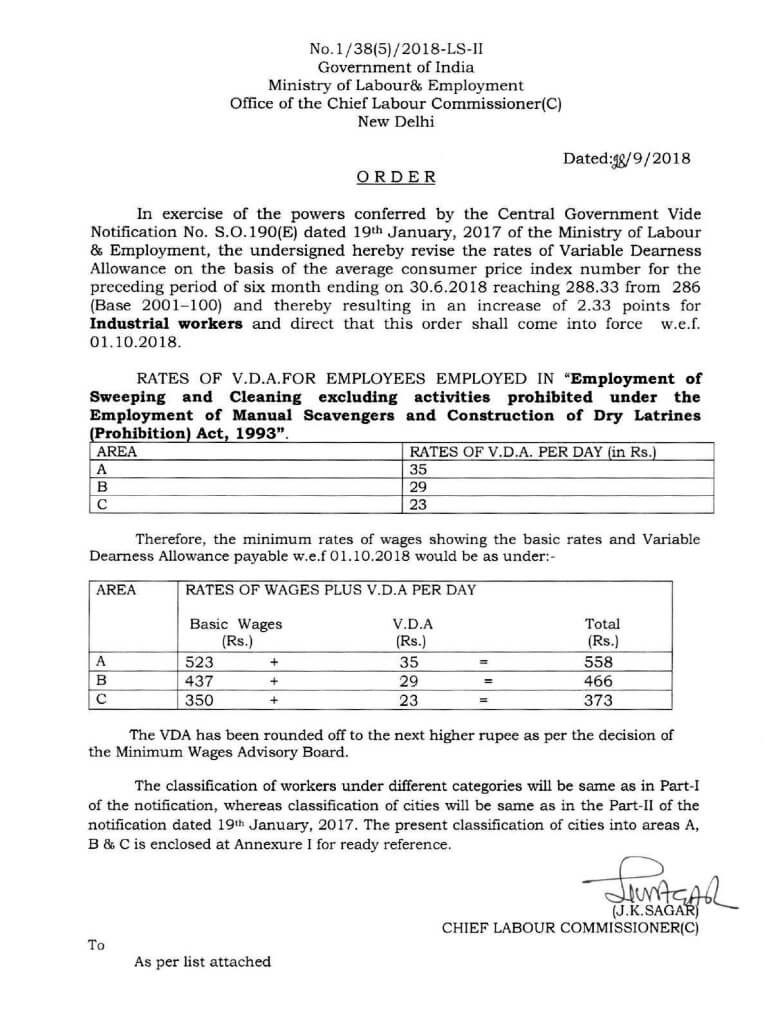 VDA & Minimum Wages w.e.f. 01.10.2018 i.r.o. Sweeping and Cleaning Staff