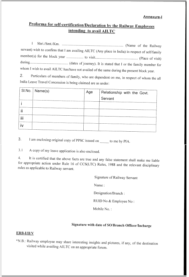 Railway Employees All India LTC: Proforma for self-certification/Declaration