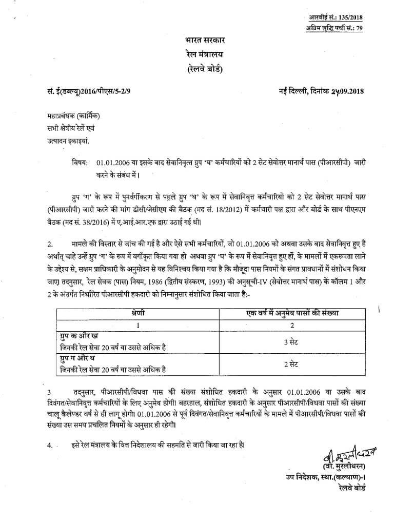 Issue of 2 Sets of Post Retirement Complimentary Passes to Group ‘D’ employees retired on or after 01.01.2006: RBE No. 135/2018