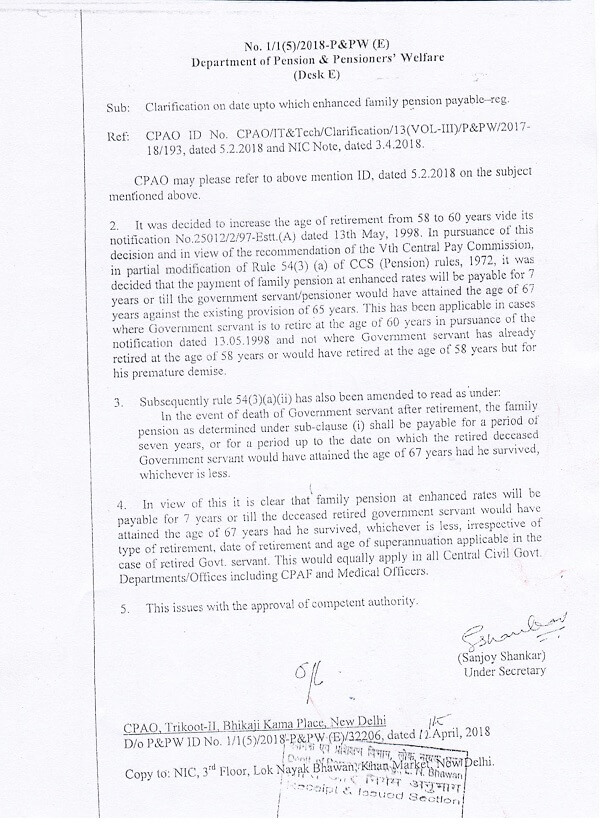 DoP&PW: Clarification on date upto which enhanced family pension payable