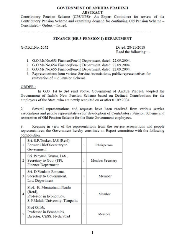 NPS Issue: Expert Committee for review and examining demand for continuing Old Pension Scheme – Govt of Aandhra Pradesh Order