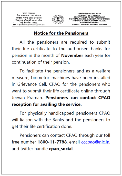 Notice for Pensioners: Submission of Life Certificate – Central Pension Accounting Office