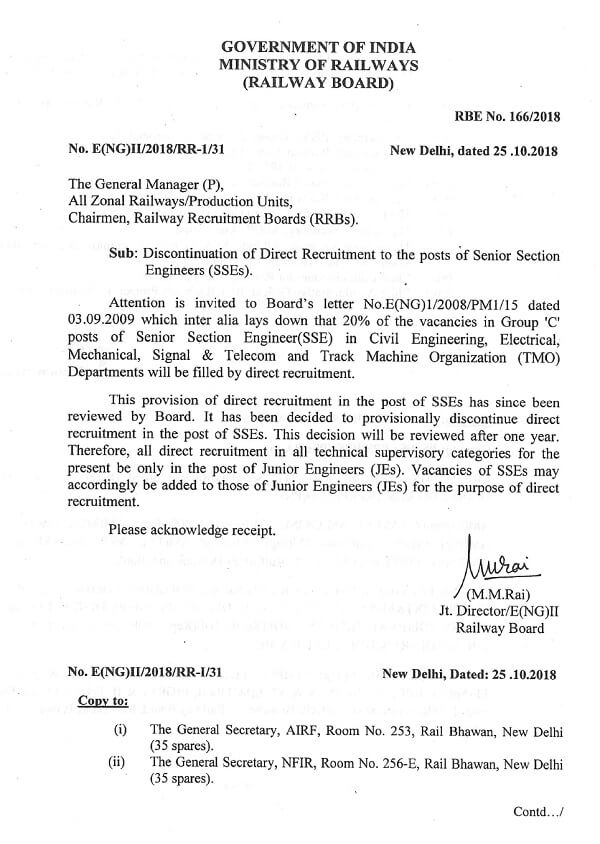 Discontinuation of Direct Recruitment to the posts of Senior Section Engineers – Railway Board Order