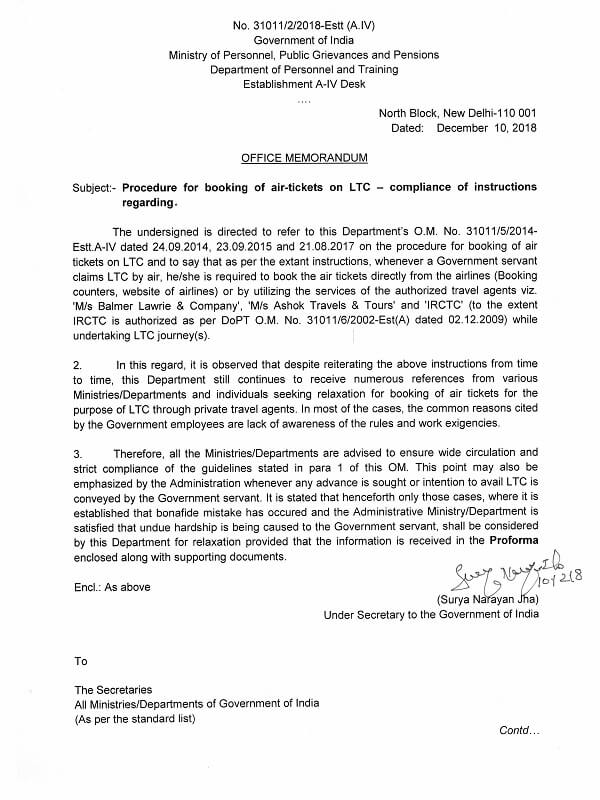 LTC – Request for seeking relaxation for booking of air tickets from private travel agents: DoPT OM dt 10-12-2018