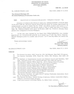 Appointment on Compassionate grounds in GP Rs. 4200/- (7th CPC Level 6) and above in Railway- Delegation of power