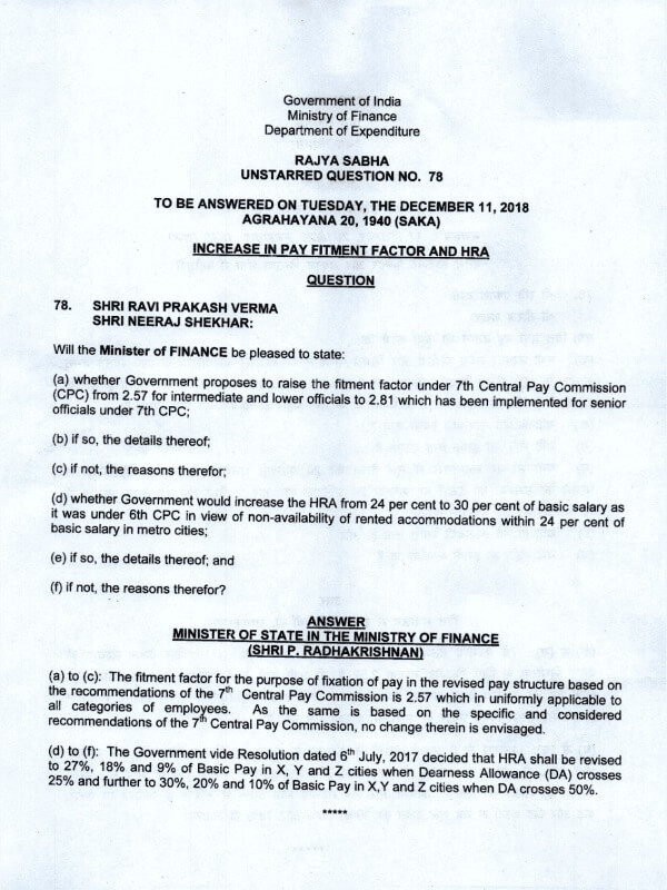 7th Pay Commission – Increase in pay fitment factor from 2.57 to 2.81 and HRA from 24% to 30%- Clarification by Govt.