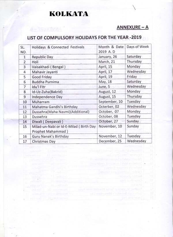 CGEWCC Kolkata – List of Compulsory & Restricted Holidays 2019 : PCA (FYS)