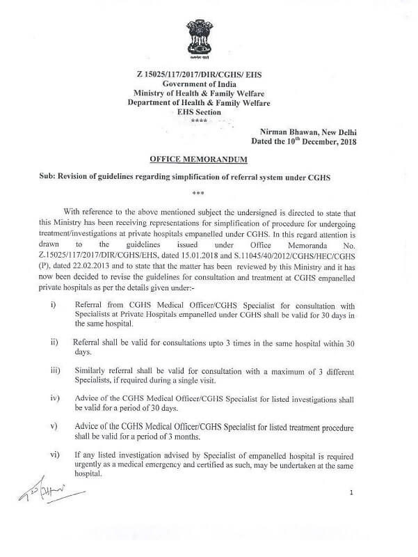 Latest Guidelines reg Simplification of Referral System CGHS order dated 10-12-2018