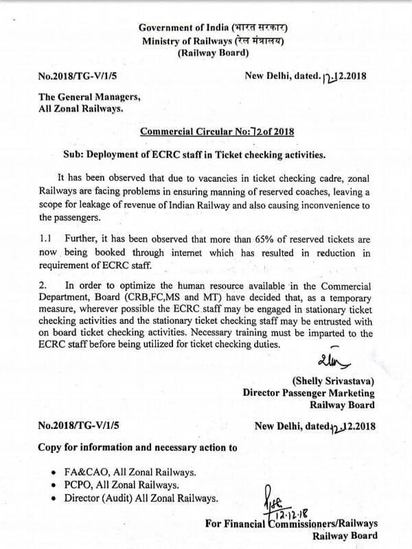 Deployment of ECRC staff in Stationary Ticket checking activities – Railway Board Circular