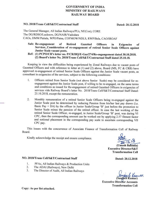 Consideration of re-engagement of retired Senior Scale Officers against Junior Scale vacant posts  – Railways Order dated 20.12.2018