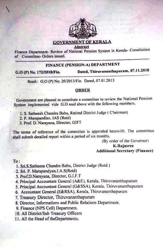 Scrapping New Pension Scheme: Review Committee by Govt. of Kerala Scrapping New Pension Scheme: Review Committee by Govt. of Kerala