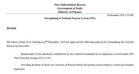 Streamlining of National Pension System (NPS) – Govt Decision for 18 lakh central government employees: PIB News