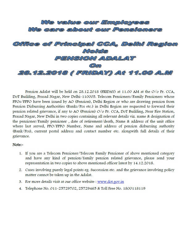 Telecom Pensioner & Telecom Family Pensioner: Pension Adalat on 28.12.2018 at New Delhi