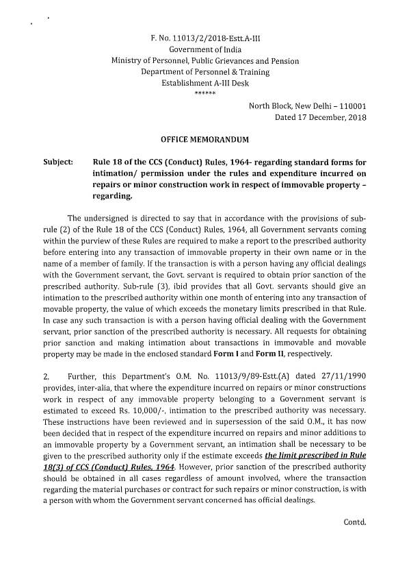 Transaction of Immovable/ Movable Property – Standard Forms for intimation/permission under Rule 18 – CCS(Conduct) Rules: DoPT Order 17-12-2018