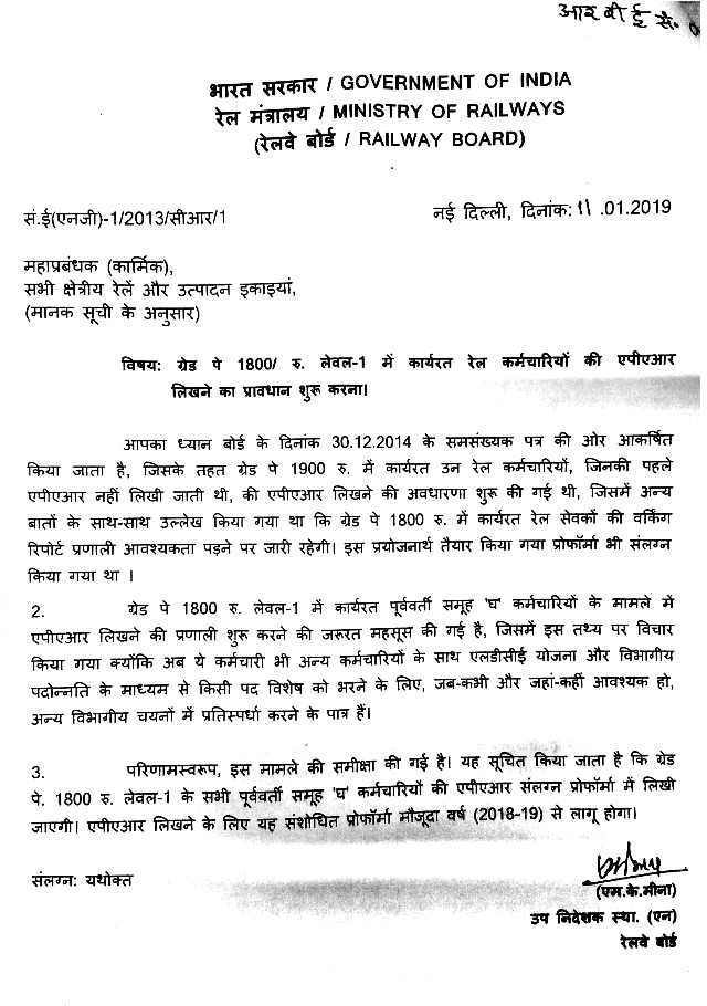 APAR of Railway Erstwhile Group ‘ D’ Employees Working in Grade Pay Rs.1800/- Level-I – Revised Proforma