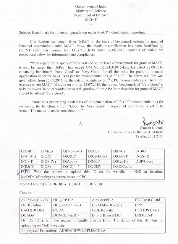 MACP falls due on or after 25.07.2016 the overall grading of the APARs should be atleast ‘Very Good’: DoPT’s clarification to MoD