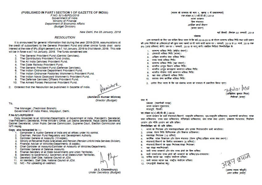 GPF and similar funds Interest Rate – 8% (Eight percent) w.e.f. 1st January, 2019 to 31st March, 2019