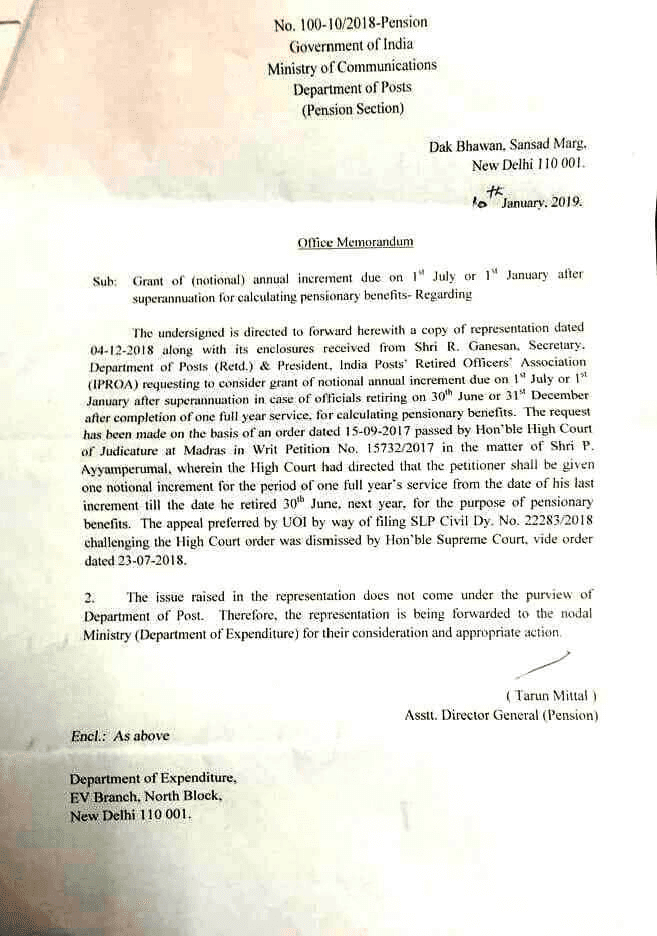 Grant of notional annual increment due on 1st July or 1st January after superannuation for pensionary benefits– DoP’s clarifications