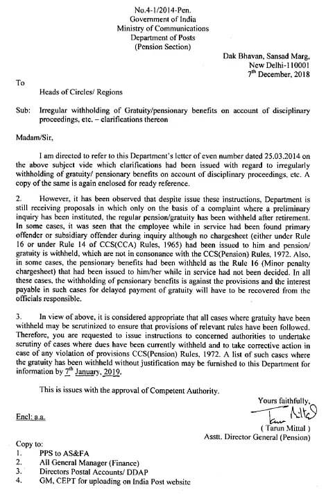 Irregular withholding of Gratuity/Pensionary benefits on account of disciplinary proceedings: Clarification by Deptt of Posts