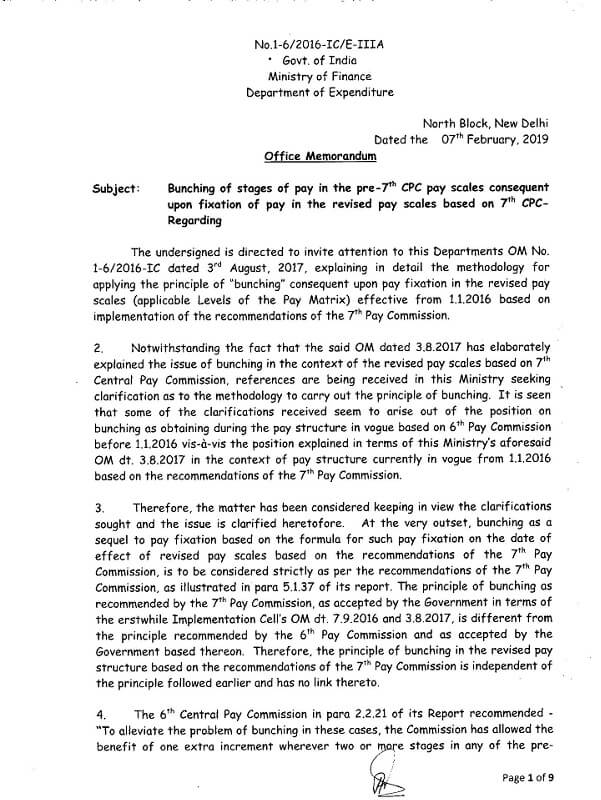 7th CPC Pay Revision: Bunching of stages of Pay in the pre-7th CPC Pay scales in revised pay scales – FinMin Clarification dated 07.02.2019