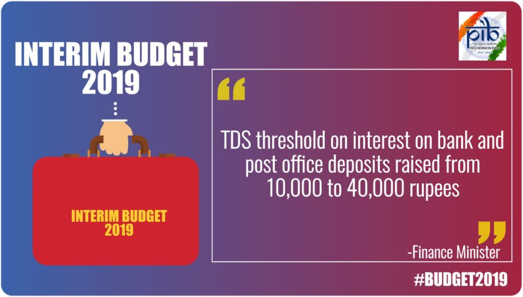 Budget 2019-20: No Tax upto Rs.5 Lakh, 1.5 Lakh for Saving, Standard Deduction Rs.50,000 & Bank Interest TDS threshhold Rs. 40,000 Budget 2019-20: No Tax upto Rs.5 Lakh, 1.5 Lakh for Saving, Standard Deduction Rs.50,000 & Bank Interest TDS threshhold Rs. 40,000