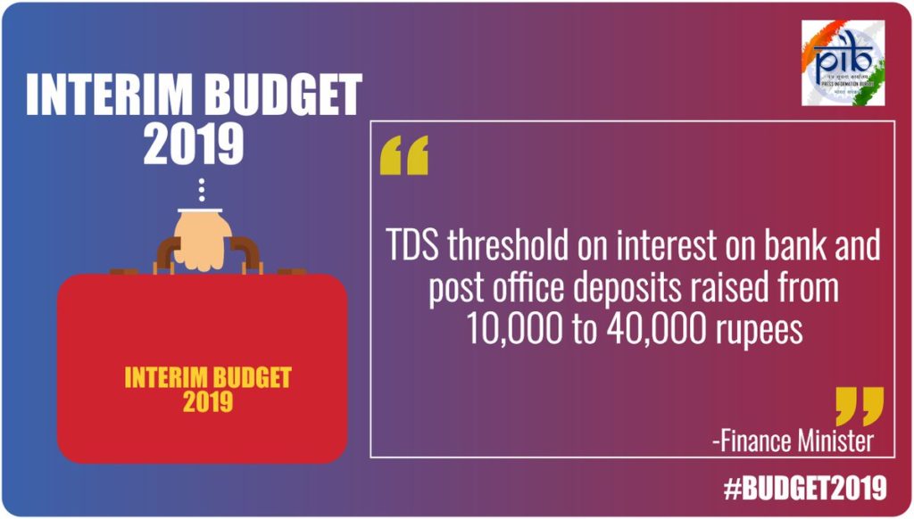 Budget 2019-20: No Tax upto Rs.5 Lakh, 1.5 Lakh for Saving, Standard Deduction Rs.50,000 & Bank Interest TDS threshhold Rs. 40,000