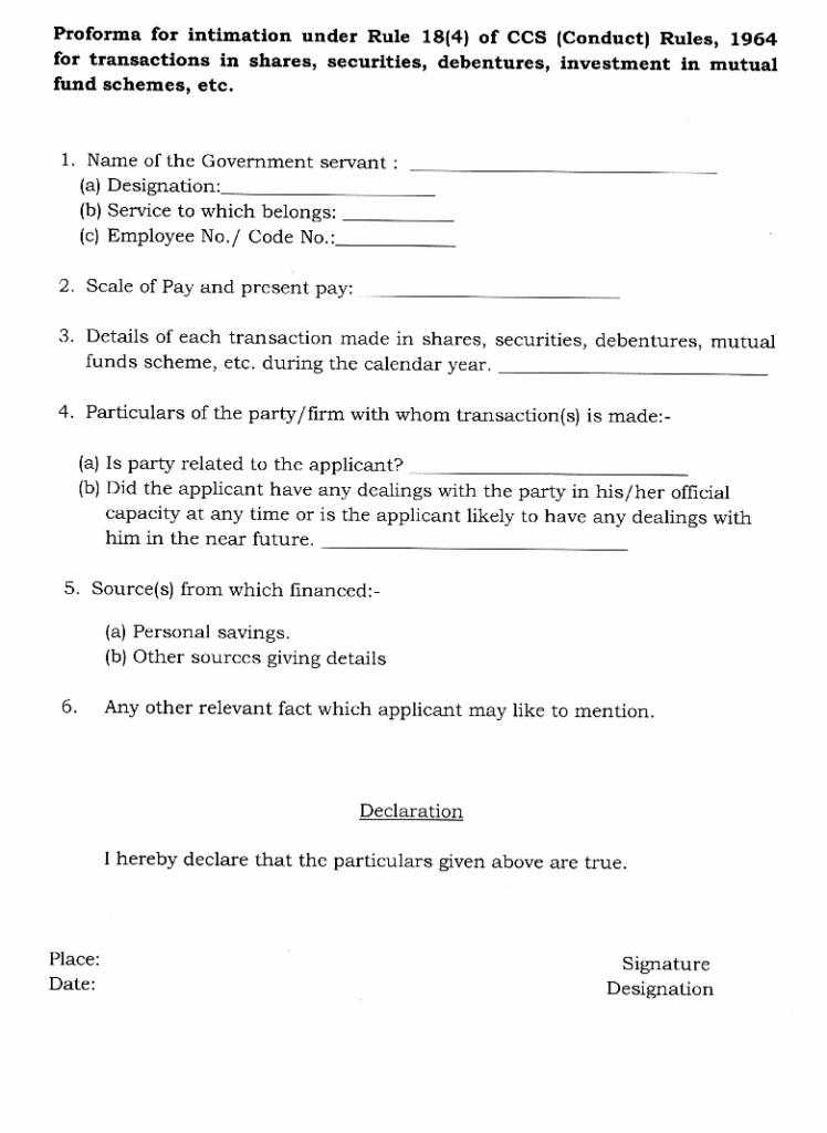 Revision of Limit of Transactions in Shares and Securities for CG Employees and Officers – Form of Intimation: CCS (Conduct) Rules, 1964