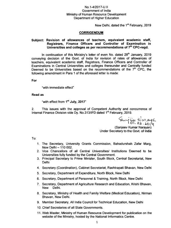 Corrigendum Order: 7th CPC Revision of allowances of teachers, equivalent academic staff, Registrars, Finance Officers and Controller of Examination in Universities and colleges