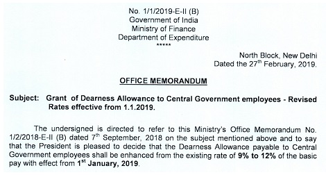 7th CPC Dearness Allowance from January, 2019 hike from 9% to 12% – Department of Expenditure, MoF Order