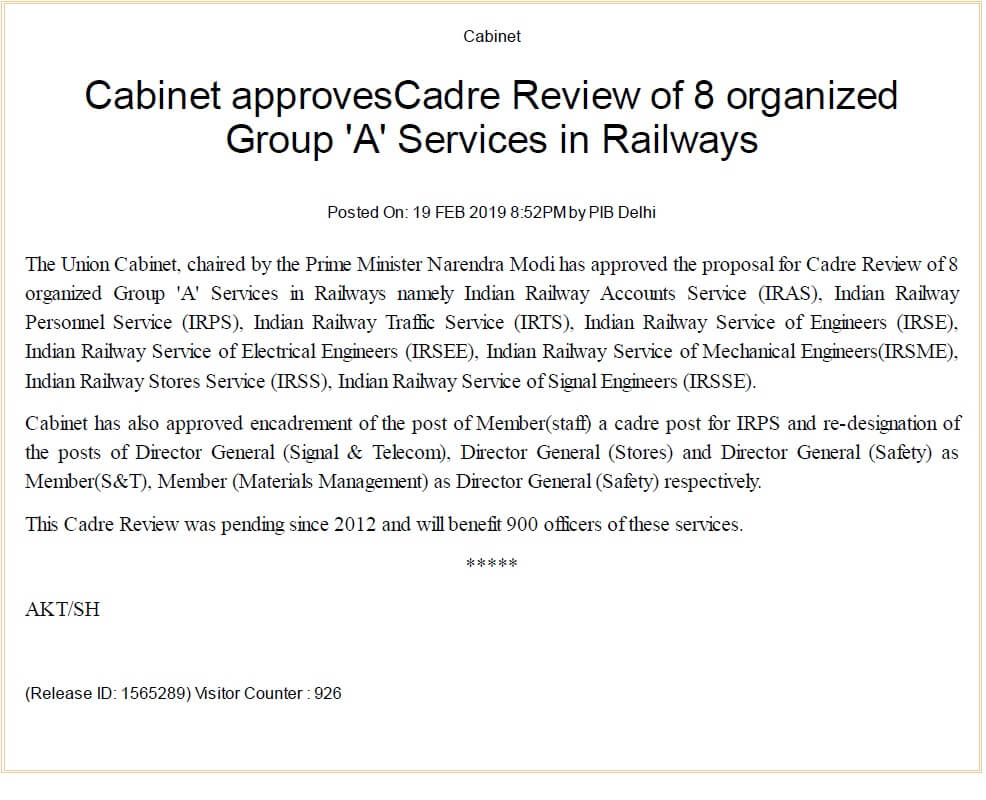Cabinet approves Cadre Review of 8 organized Group ‘A’ Services in Railways